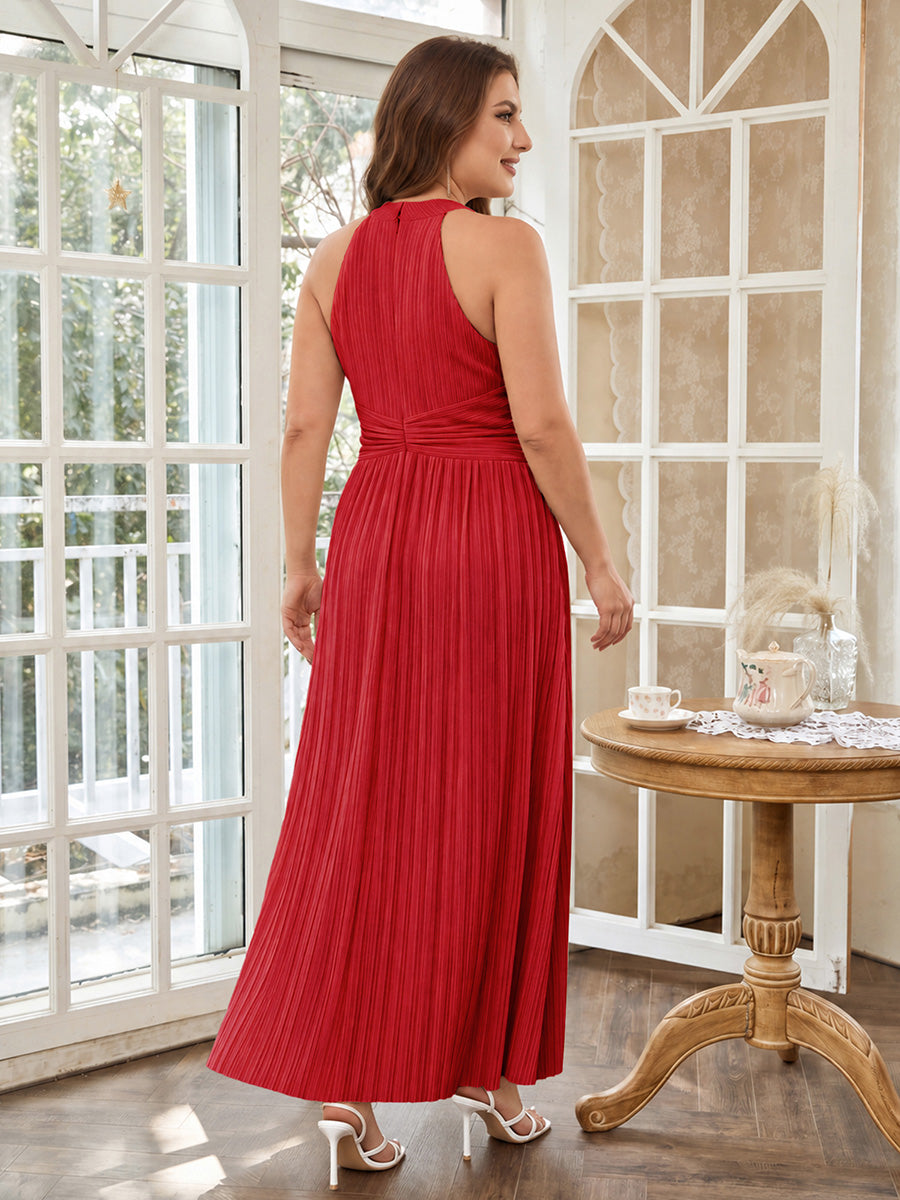 Bodenlanger Halterneck A-Linie Mesh Kleid Mit Tiefem V-Ausschnitt Eleganz Kleid #Farbe_Rot