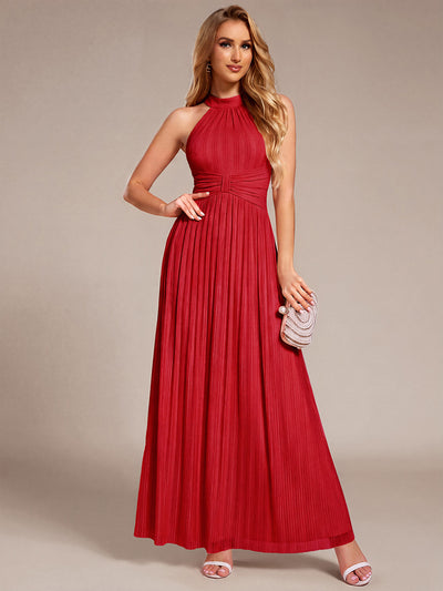 Bodenlanger Halterneck A-Linie Mesh Kleid Mit Tiefem V-Ausschnitt Eleganz Kleid #Farbe_Rot