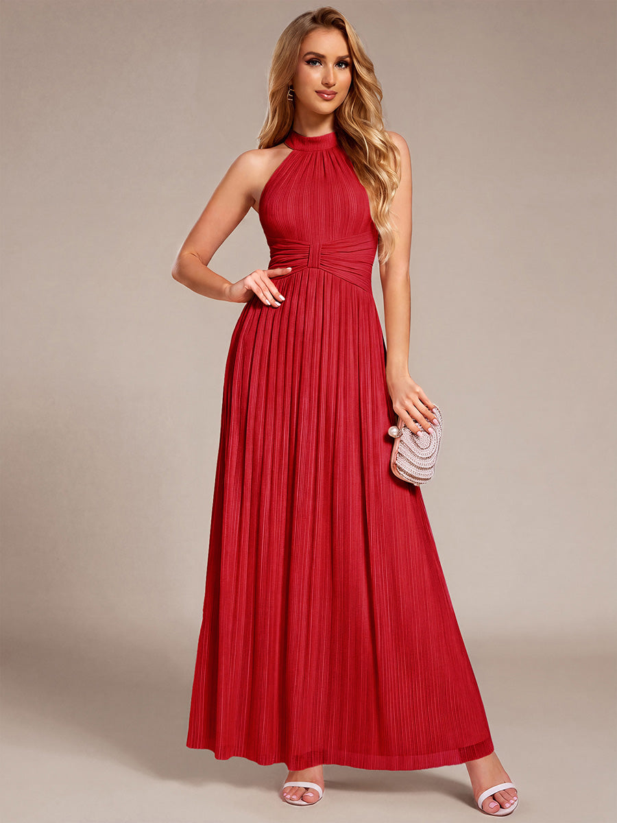 Bodenlanger Halterneck A-Linie Mesh Kleid Mit Tiefem V-Ausschnitt Eleganz Kleid #Farbe_Rot