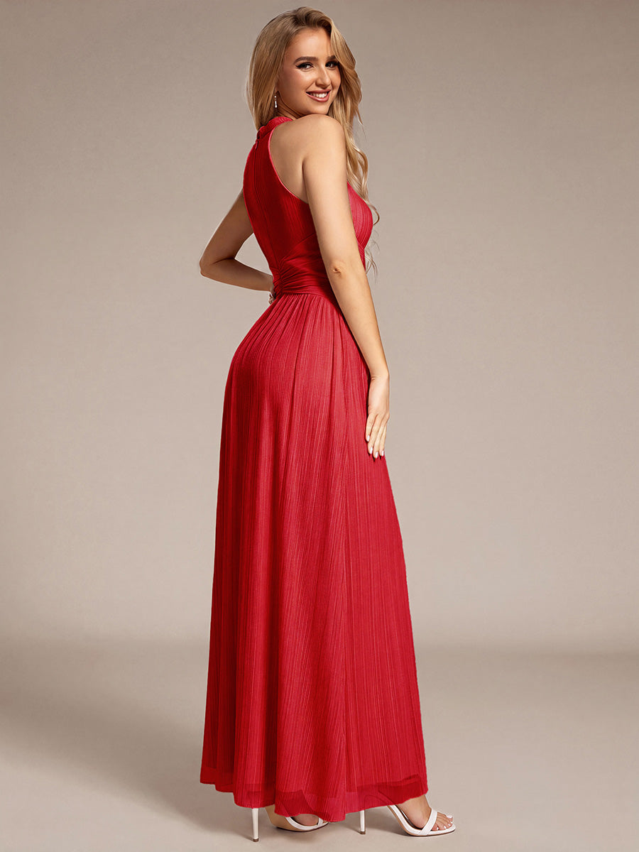 Bodenlanger Halterneck A-Linie Mesh Kleid Mit Tiefem V-Ausschnitt Eleganz Kleid #Farbe_Rot
