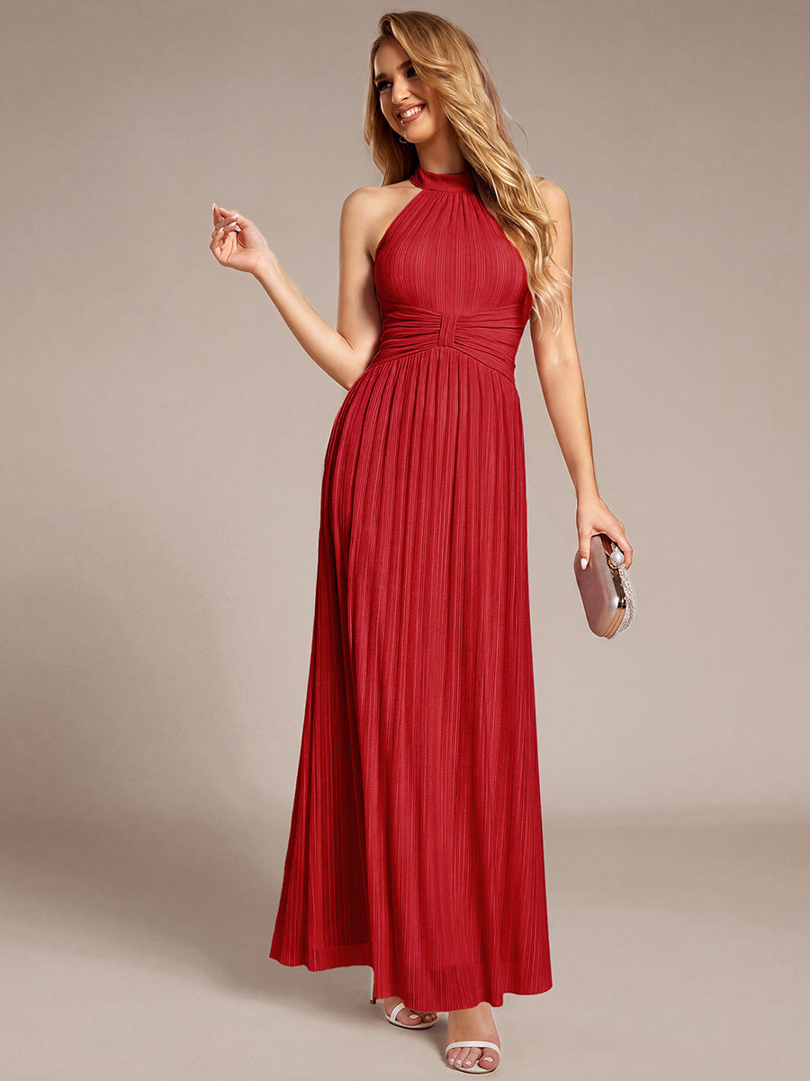 Bodenlanger Halterneck A-Linie Mesh Kleid Mit Tiefem V-Ausschnitt Eleganz Kleid #Farbe_Rot