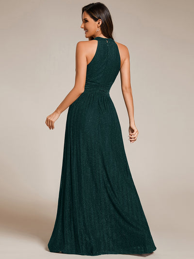 Bodenlanger Halterneck A-Linie Mesh Kleid Mit Tiefem V-Ausschnitt Eleganz Kleid #Farbe_Petrol