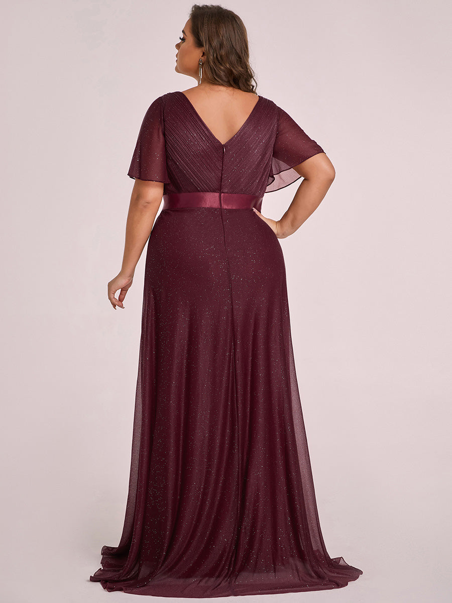 Bodenlanger A-Linien Kleid Mit Tiefem V-Ausschnitt Aus Diamant Leinen Falten Design Kleid #Farbe_Burgunderrot