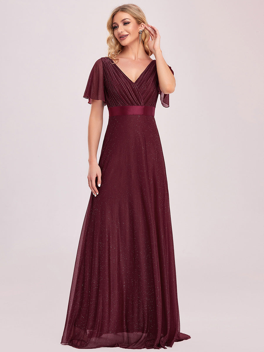 Bodenlanger A-Linien Kleid Mit Tiefem V-Ausschnitt Aus Diamant Leinen Falten Design Kleid #Farbe_Burgunderrot