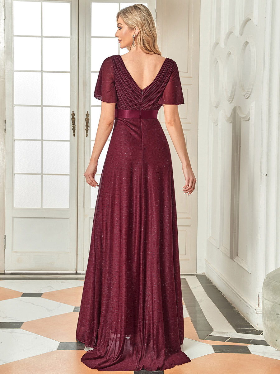 Bodenlanger A-Linien Kleid Mit Tiefem V-Ausschnitt Aus Diamant Leinen Falten Design Kleid #Farbe_Burgunderrot