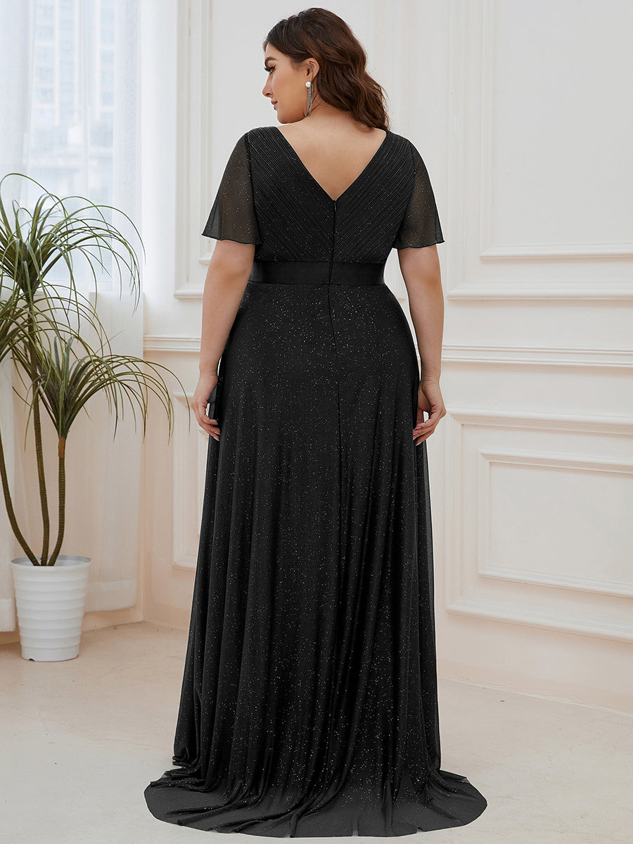 Bodenlanger V-Ausschnitt A-Linie Diamant Leinenkleid Mit Tiefem V-Ausschnitt Und Falten Details Kleid #Farbe_Schwarz
