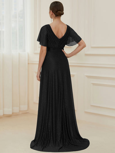 Bodenlanger V-Ausschnitt A-Linie Diamant Leinenkleid Mit Tiefem V-Ausschnitt Und Falten Details Kleid #Farbe_Schwarz