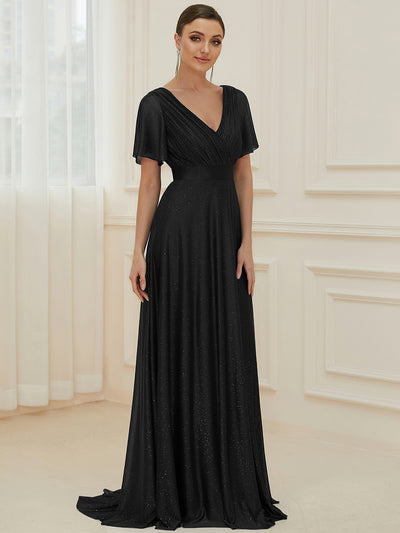 Bodenlanger V-Ausschnitt A-Linie Diamant Leinenkleid Mit Tiefem V-Ausschnitt Und Falten Details Kleid #Farbe_Schwarz