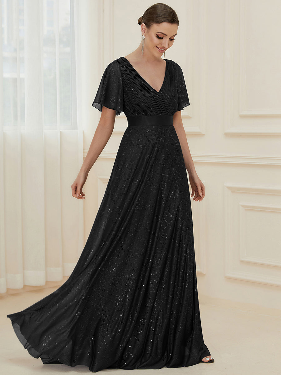 Bodenlanger V-Ausschnitt A-Linie Diamant Leinenkleid Mit Tiefem V-Ausschnitt Und Falten Details Kleid #Farbe_Schwarz