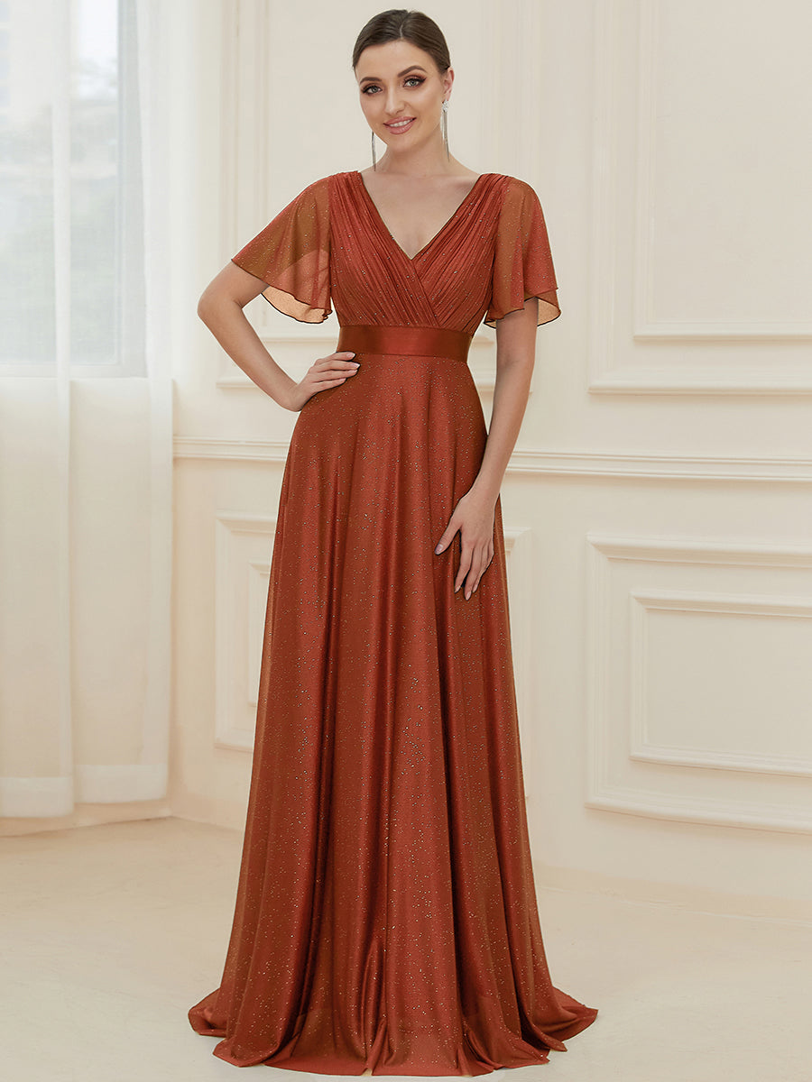 Bodenlanger A-Linien Kleid Mit Tiefem V-Ausschnitt Aus Diamant Leinen Falten Design Kleid #Farbe_Gebranntes Orange