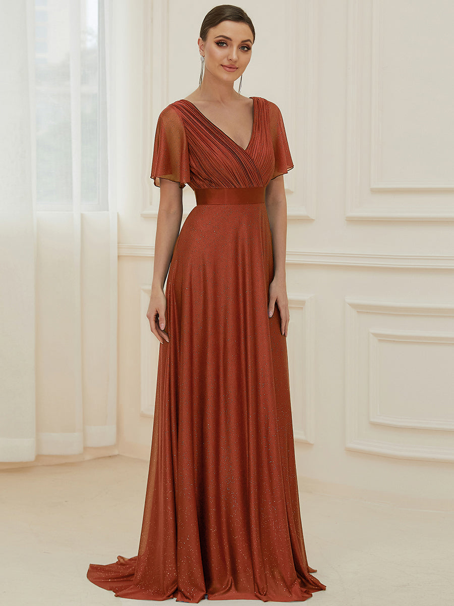 Bodenlanger A-Linien Kleid Mit Tiefem V-Ausschnitt Aus Diamant Leinen Falten Design Kleid #Farbe_Gebranntes Orange