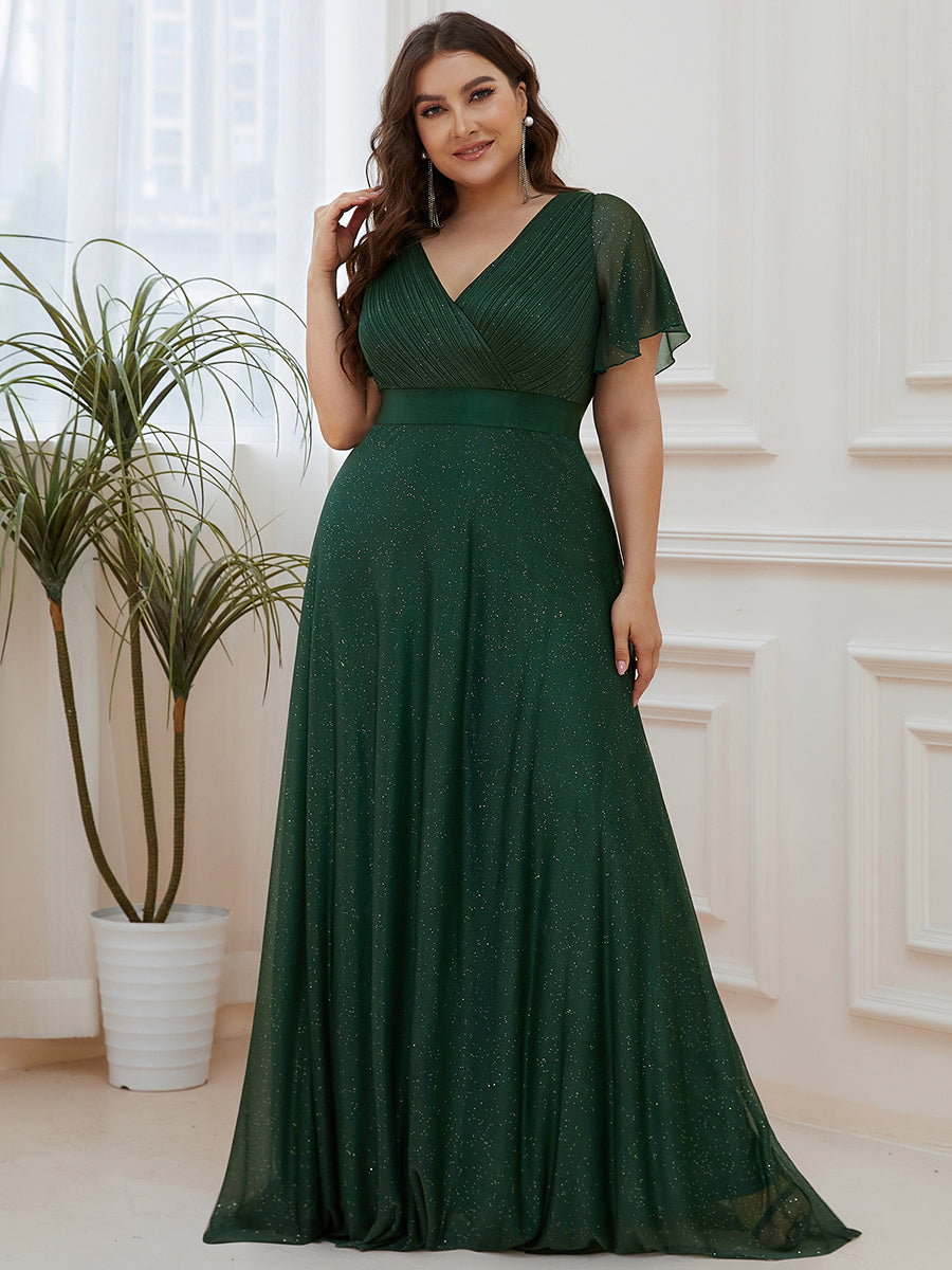 Bodenlanger A-Linien Kleid Mit Tiefem V-Ausschnitt Aus Diamant Leinen Falten Design Kleid #Farbe_Dunkelgrün