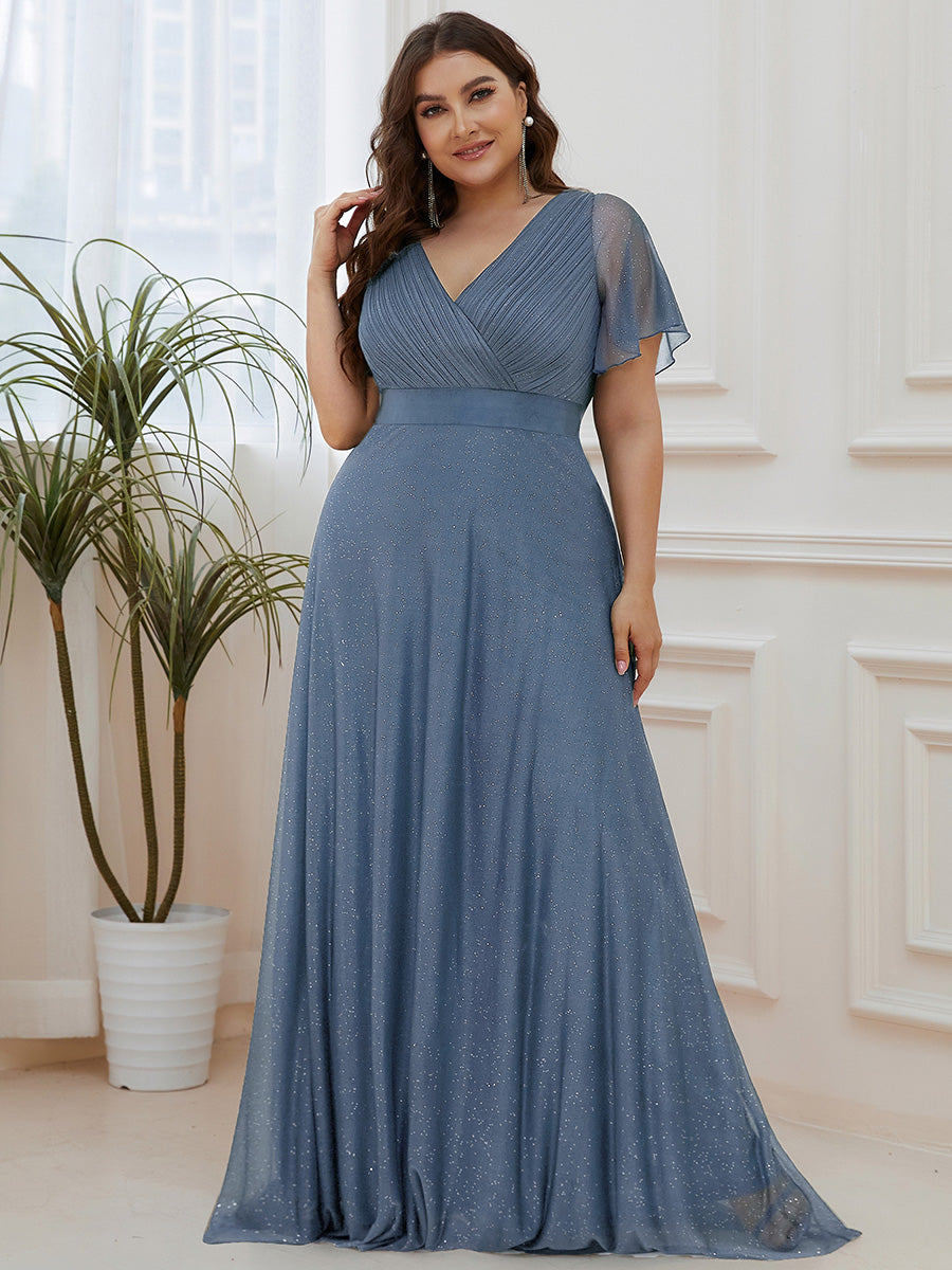 Bodenlanger A-Linien Kleid Mit Tiefem V-Ausschnitt Aus Diamant Leinen Falten Design Kleid #Farbe_Taubenblau