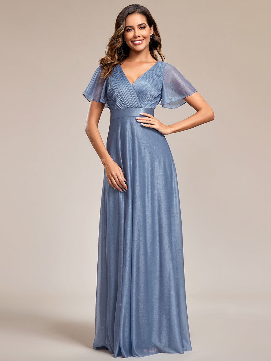 Bodenlanger A-Linien Kleid Mit Tiefem V-Ausschnitt Aus Diamant Leinen Falten Design Kleid #Farbe_Taubenblau