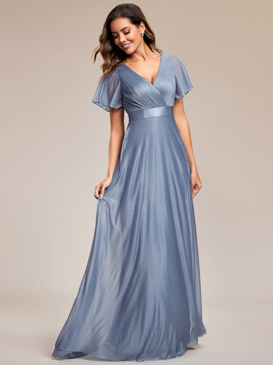 Bodenlanger A-Linien Kleid Mit Tiefem V-Ausschnitt Aus Diamant Leinen Falten Design Kleid #Farbe_Taubenblau