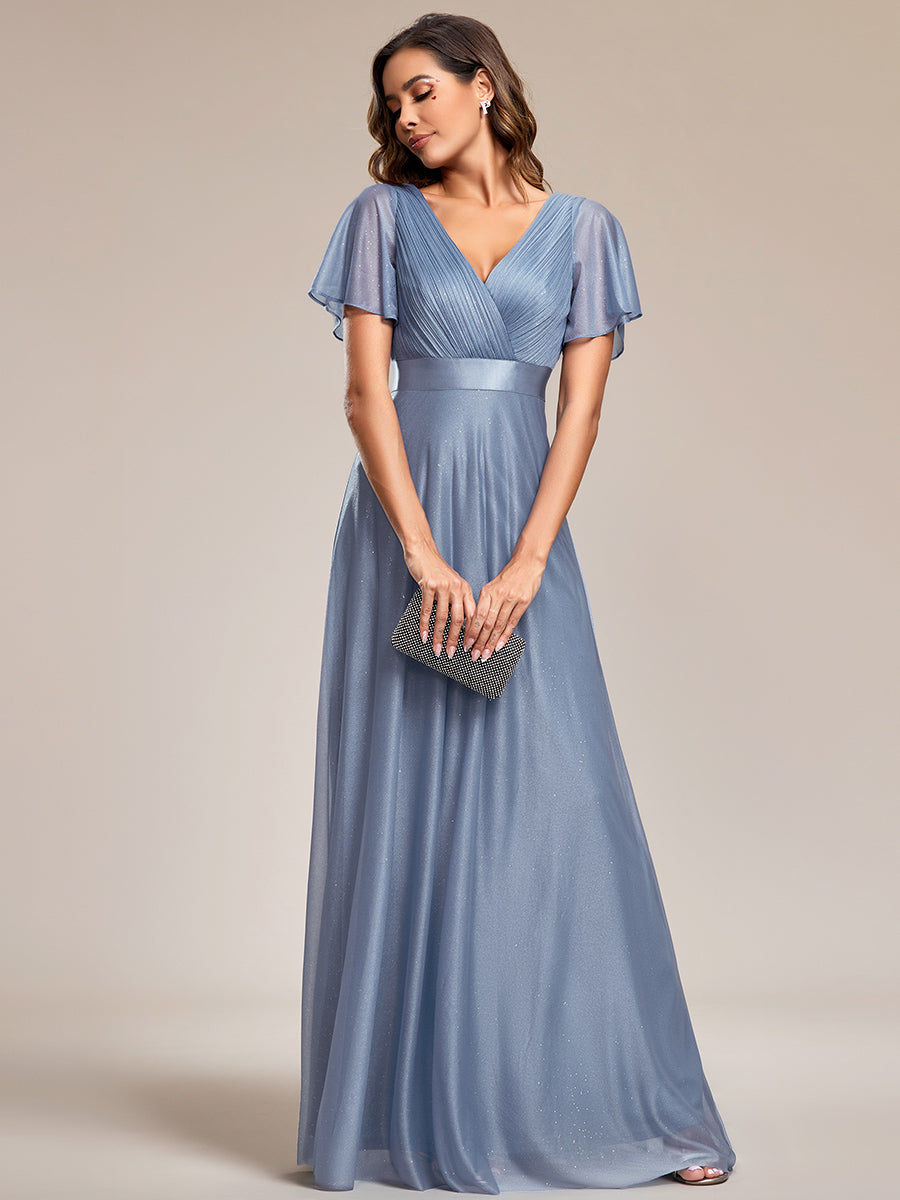 Bodenlanger A-Linien Kleid Mit Tiefem V-Ausschnitt Aus Diamant Leinen Falten Design Kleid #Farbe_Taubenblau