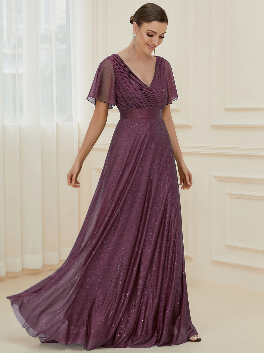 Bodenlanger A-Linien Kleid Mit Tiefem V-Ausschnitt Aus Diamant Leinen Falten Design Kleid #Farbe_Dunkelviolett