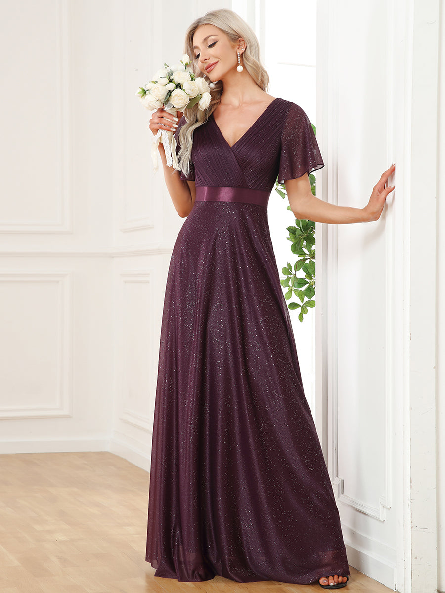 Bodenlanger A-Linien Kleid Mit Tiefem V-Ausschnitt Aus Diamant Leinen Falten Design Kleid #Farbe_Dunkelviolett