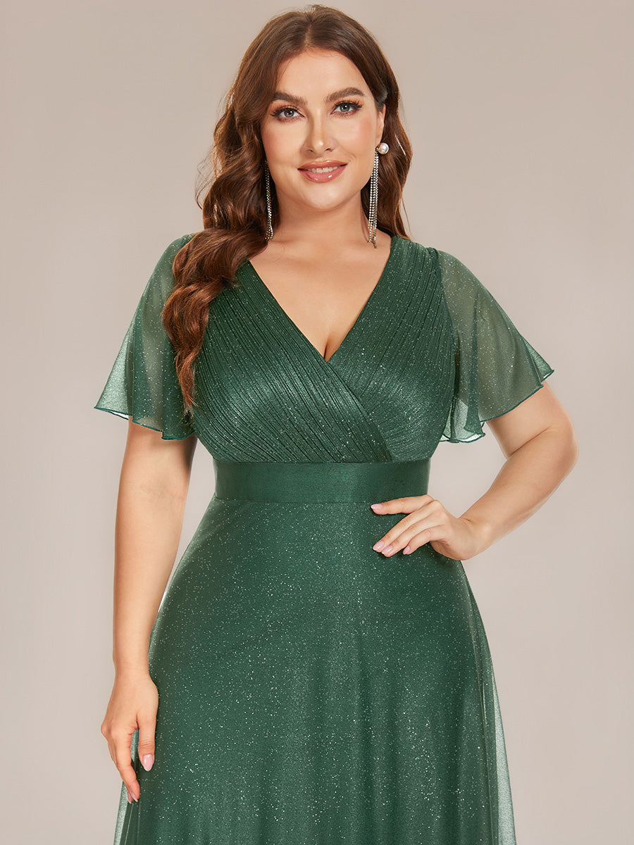 Bodenlanger A-Linien Kleid Mit Tiefem V-Ausschnitt Aus Diamant Leinen Falten Design Kleid #Farbe_Eukalyptus