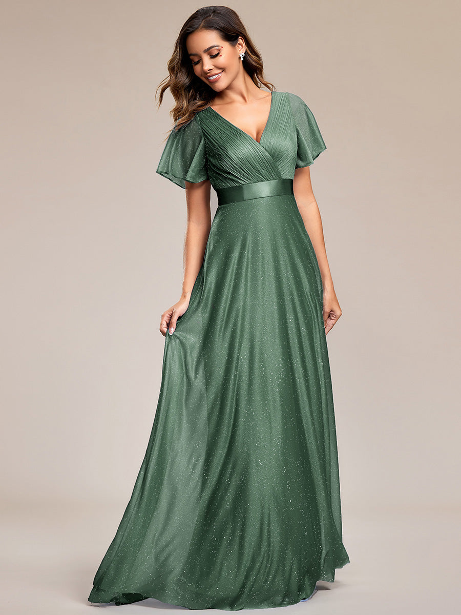 Bodenlanger A-Linien Kleid Mit Tiefem V-Ausschnitt Aus Diamant Leinen Falten Design Kleid #Farbe_Eukalyptus