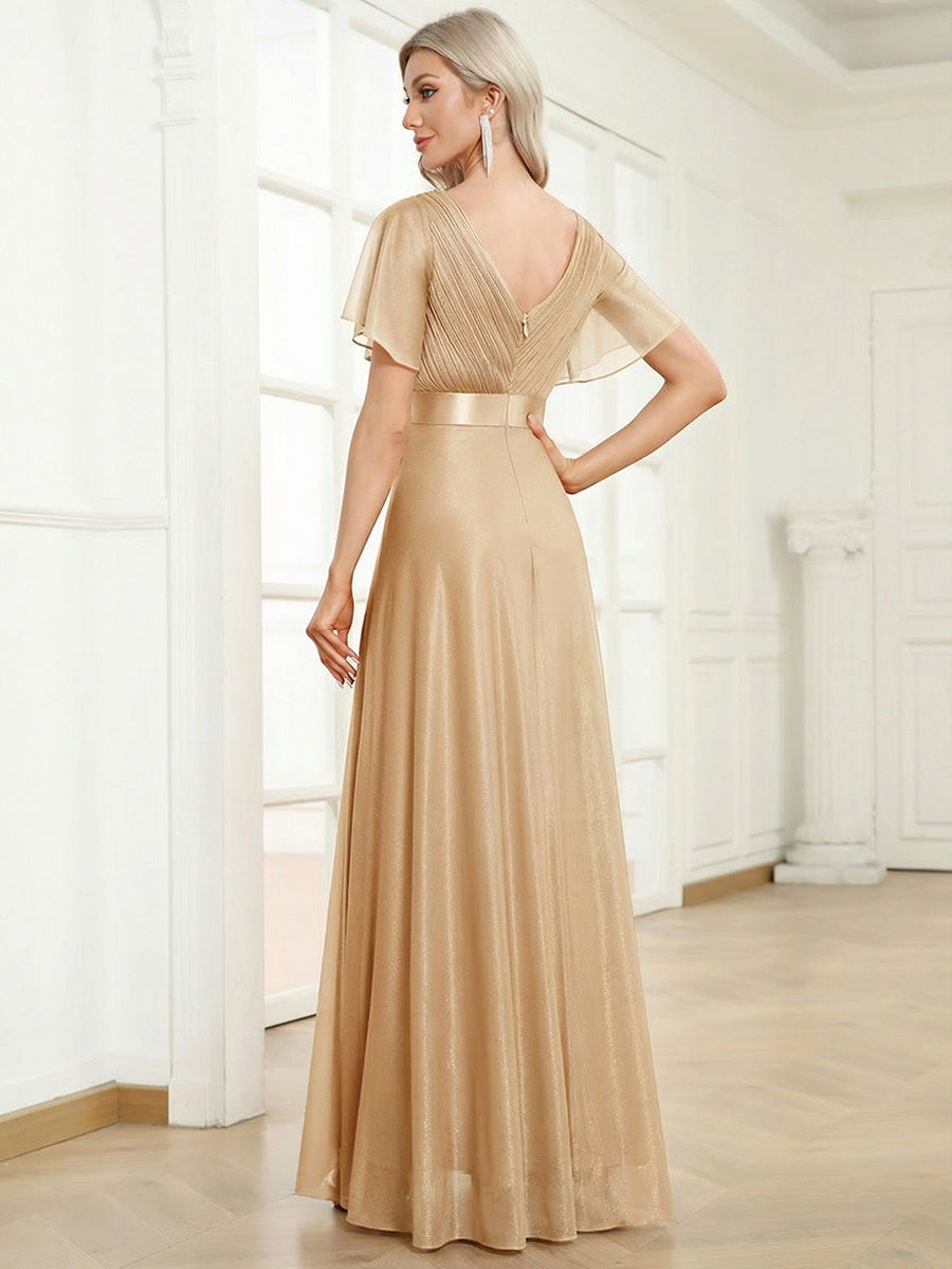 Bodenlanger A-Linien Kleid Mit Tiefem V-Ausschnitt Aus Diamant Leinen Falten Design Kleid #Farbe_Gold