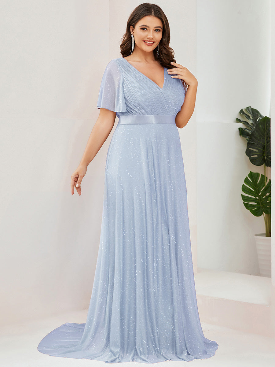 Bodenlanger A-Linien Kleid Mit Tiefem V-Ausschnitt Aus Diamant Leinen Falten Design Kleid #Farbe_Eisblau