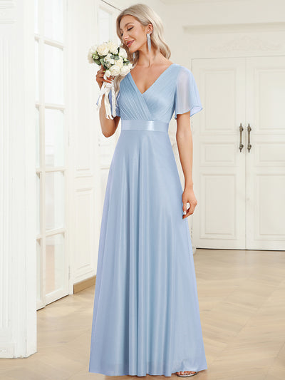 Bodenlanger A-Linien Kleid Mit Tiefem V-Ausschnitt Aus Diamant Leinen Falten Design Kleid #Farbe_Eisblau