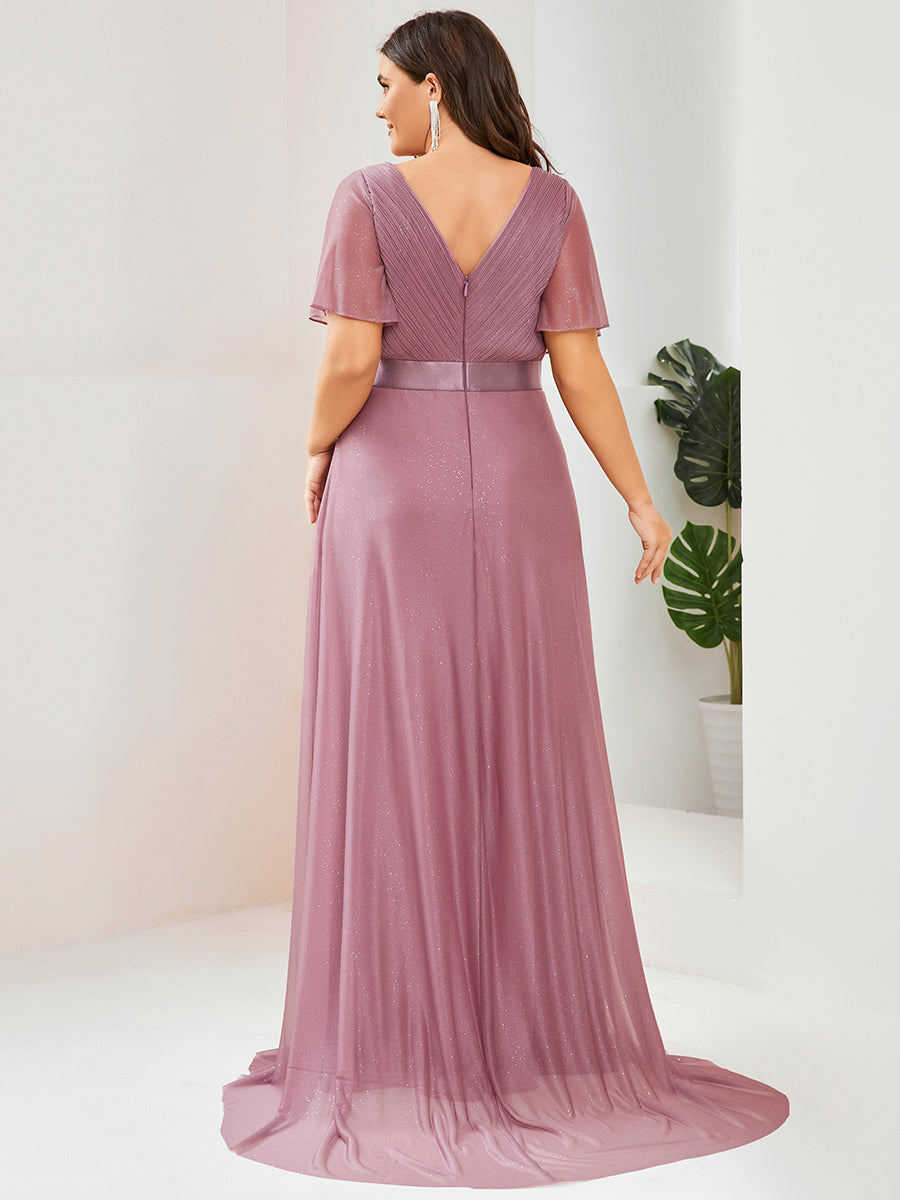 Bodenlanger A-Linien Kleid Mit Tiefem V-Ausschnitt Aus Diamant Leinen Falten Design Kleid #Farbe_Orchideenviolett