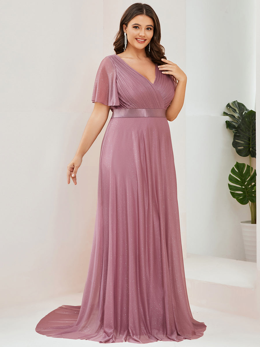 Bodenlanger A-Linien Kleid Mit Tiefem V-Ausschnitt Aus Diamant Leinen Falten Design Kleid #Farbe_Orchideenviolett