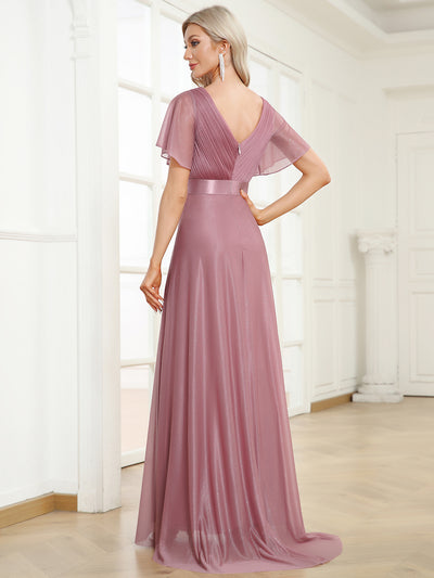 Bodenlanger A-Linien Kleid Mit Tiefem V-Ausschnitt Aus Diamant Leinen Falten Design Kleid #Farbe_Orchideenviolett