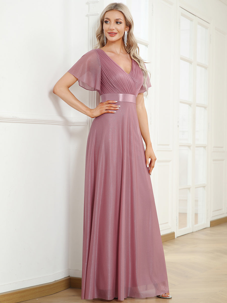 Bodenlanger A-Linien Kleid Mit Tiefem V-Ausschnitt Aus Diamant Leinen Falten Design Kleid #Farbe_Orchideenviolett