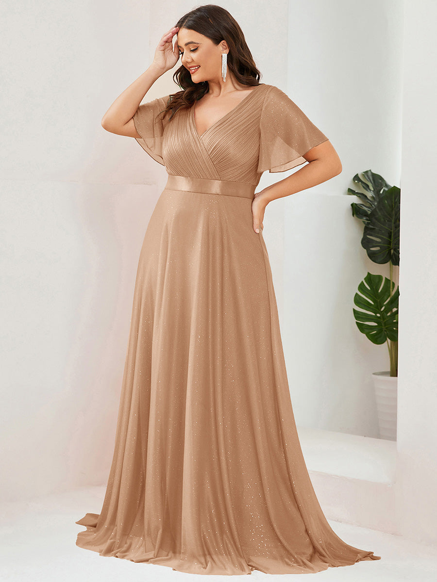 Bodenlanger V-Ausschnitt A-Linie Diamant Leinenkleid Mit Tiefem V-Ausschnitt Und Falten Details Kleid #Farbe_Roségold