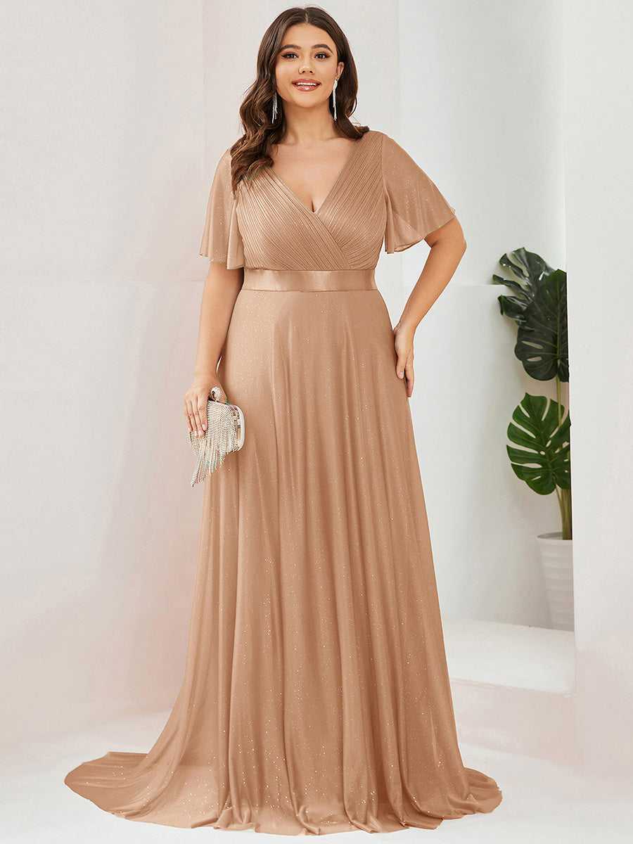 Bodenlanger V-Ausschnitt A-Linie Diamant Leinenkleid Mit Tiefem V-Ausschnitt Und Falten Details Kleid #Farbe_Roségold