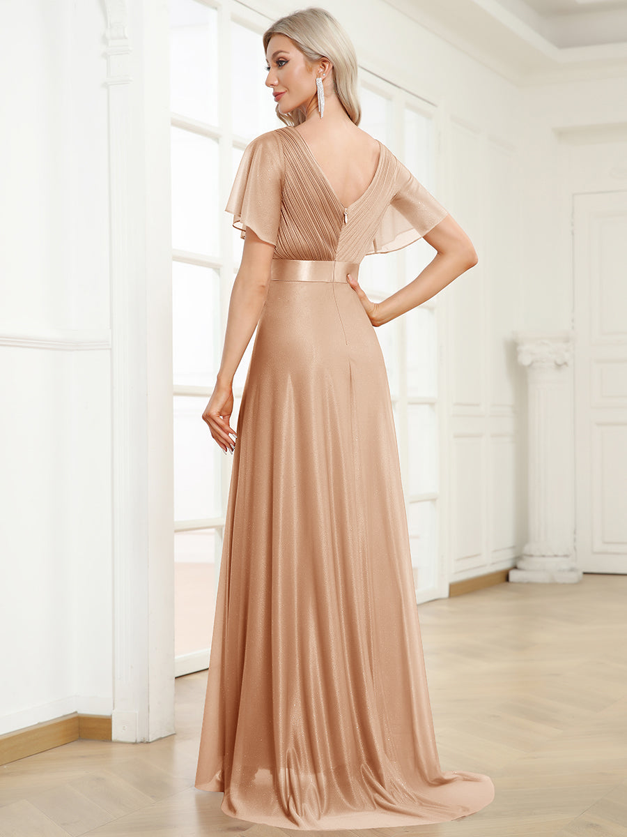Bodenlanger V-Ausschnitt A-Linie Diamant Leinenkleid Mit Tiefem V-Ausschnitt Und Falten Details Kleid #Farbe_Roségold