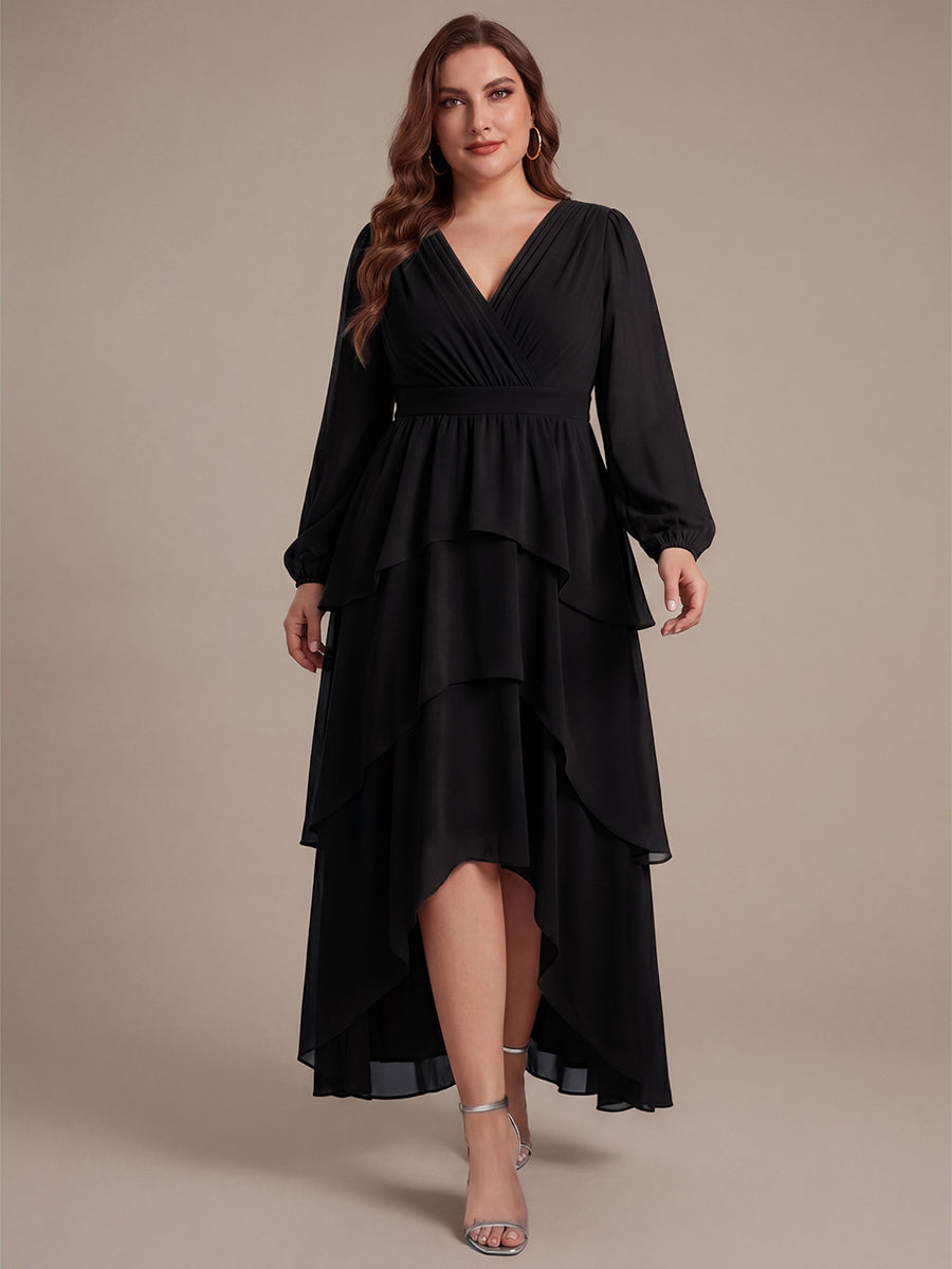 Asymmetrischer Saum Kleid Überkreuzter Ausschnitt A-Linien Schnitt Chiffon Smocked Volants #Farbe_Schwarz