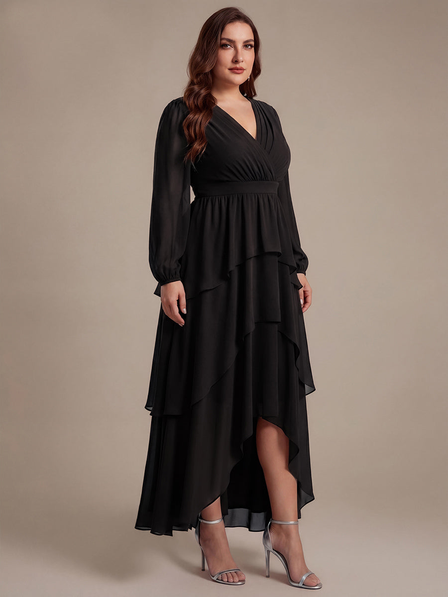 Asymmetrischer Saum Kleid Überkreuzter Ausschnitt A-Linien Schnitt Chiffon Smocked Volants #Farbe_Schwarz