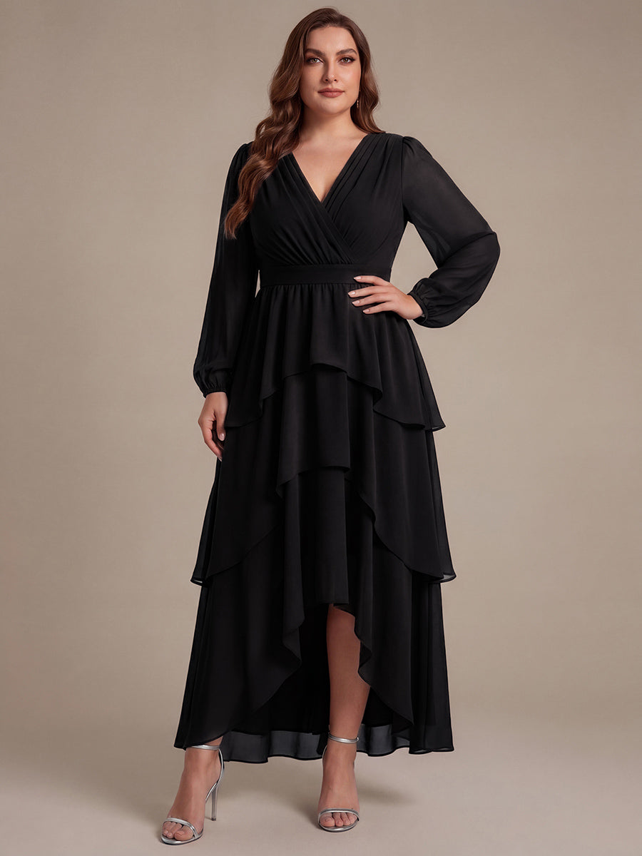 Asymmetrischer Saum Kleid Überkreuzter Ausschnitt A-Linien Schnitt Chiffon Smocked Volants #Farbe_Schwarz