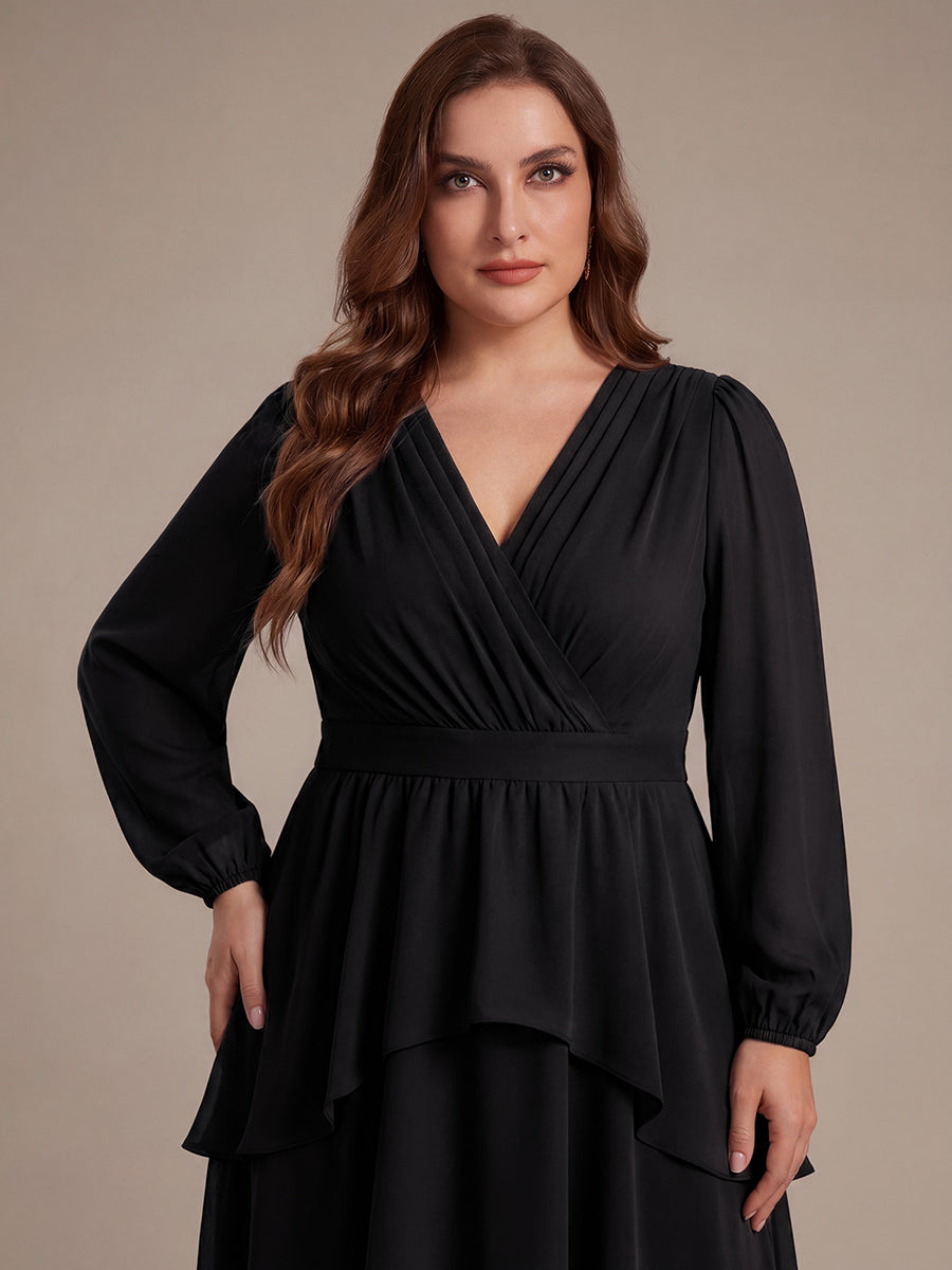 Asymmetrischer Saum Kleid Überkreuzter Ausschnitt A-Linien Schnitt Chiffon Smocked Volants #Farbe_Schwarz