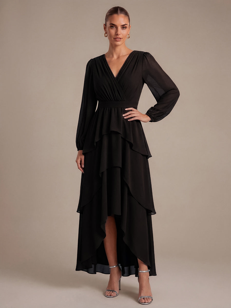 Asymmetrischer Saum Kleid Überkreuzter Ausschnitt A-Linien Schnitt Chiffon Smocked Volants #Farbe_Schwarz