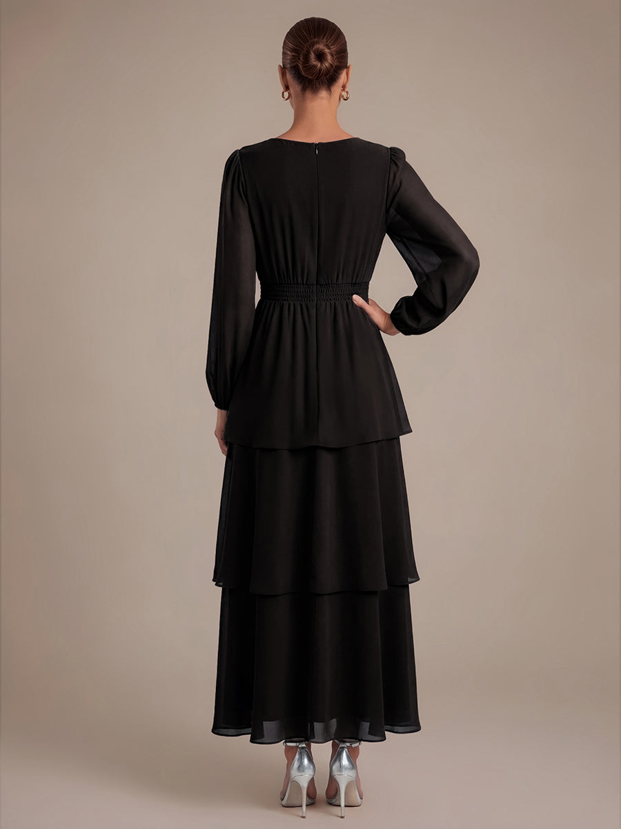 Asymmetrischer Saum Kleid Überkreuzter Ausschnitt A-Linien Schnitt Chiffon Smocked Volants #Farbe_Schwarz