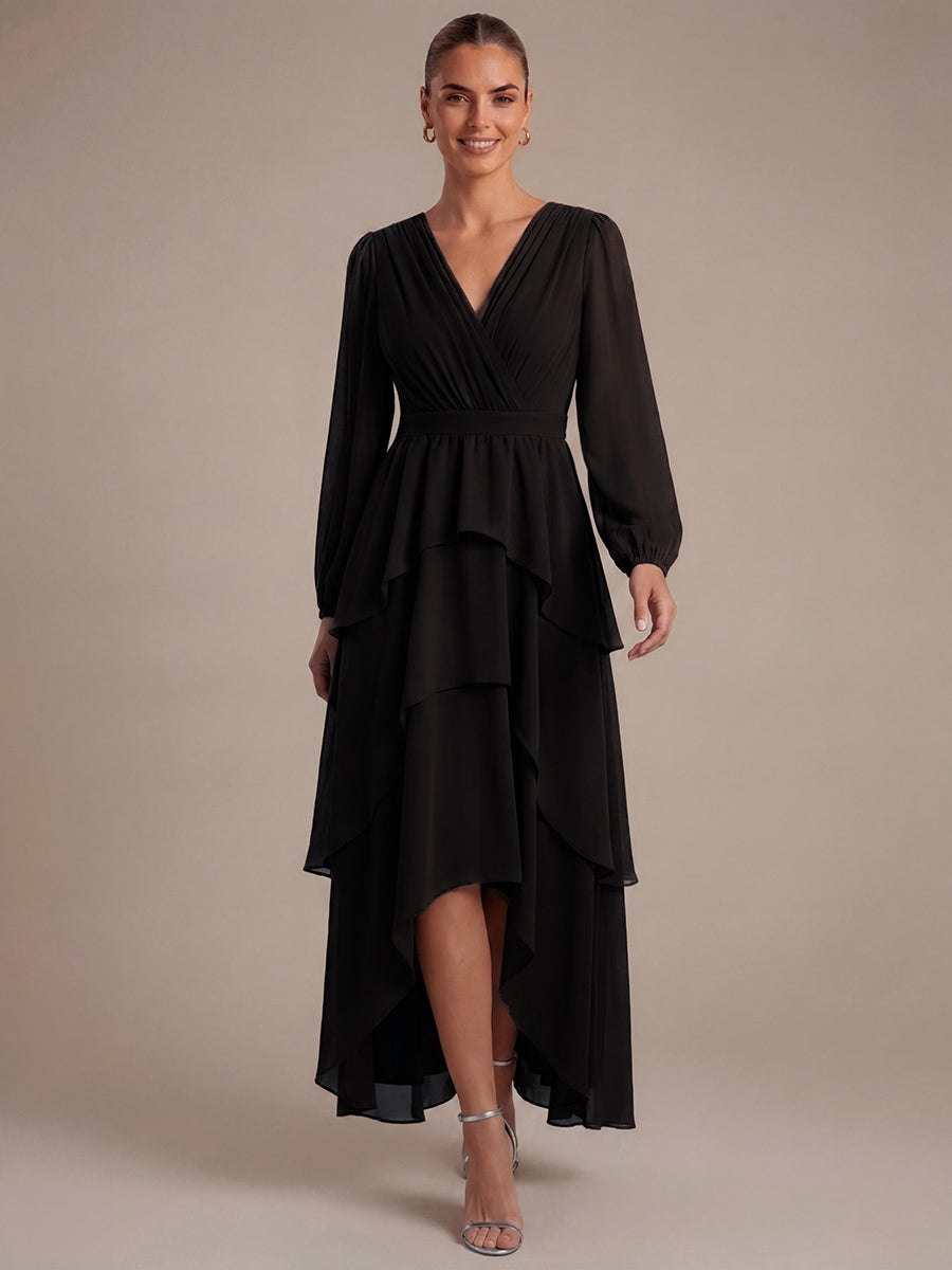 Asymmetrischer Saum Kleid Überkreuzter Ausschnitt A-Linien Schnitt Chiffon Smocked Volants #Farbe_Schwarz