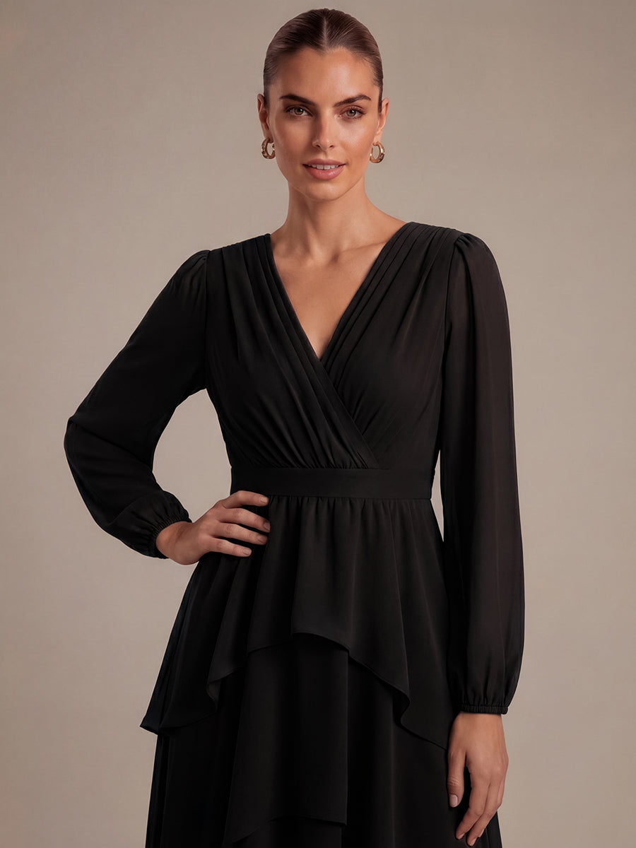 Asymmetrischer Saum Kleid Überkreuzter Ausschnitt A-Linien Schnitt Chiffon Smocked Volants #Farbe_Schwarz