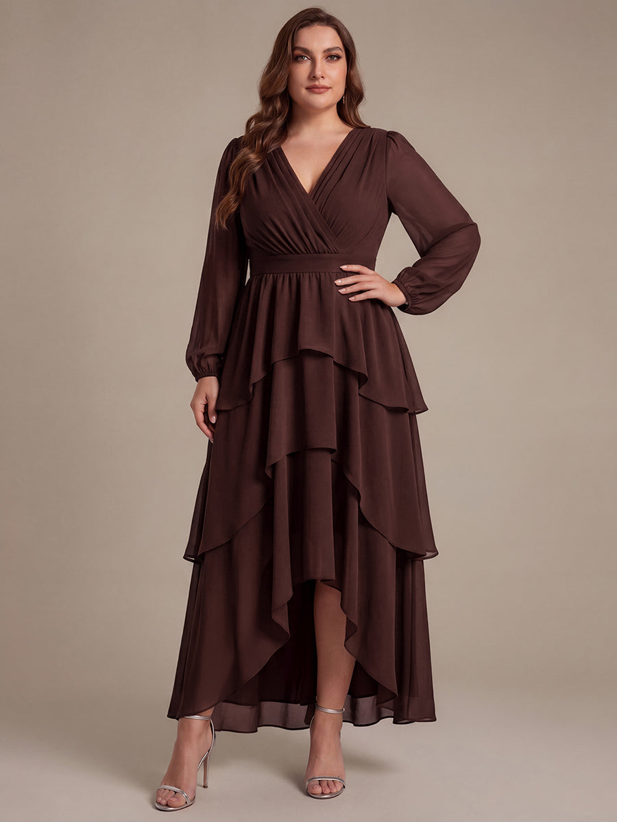 Asymmetrischer Saum Kleid Überkreuzter Ausschnitt A-Linien Schnitt Chiffon Smocked Volants #Farbe_Chocolate Brown