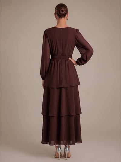 Asymmetrischer Saum Kleid Überkreuzter Ausschnitt A-Linien Schnitt Chiffon Smocked Volants #Farbe_Chocolate Brown