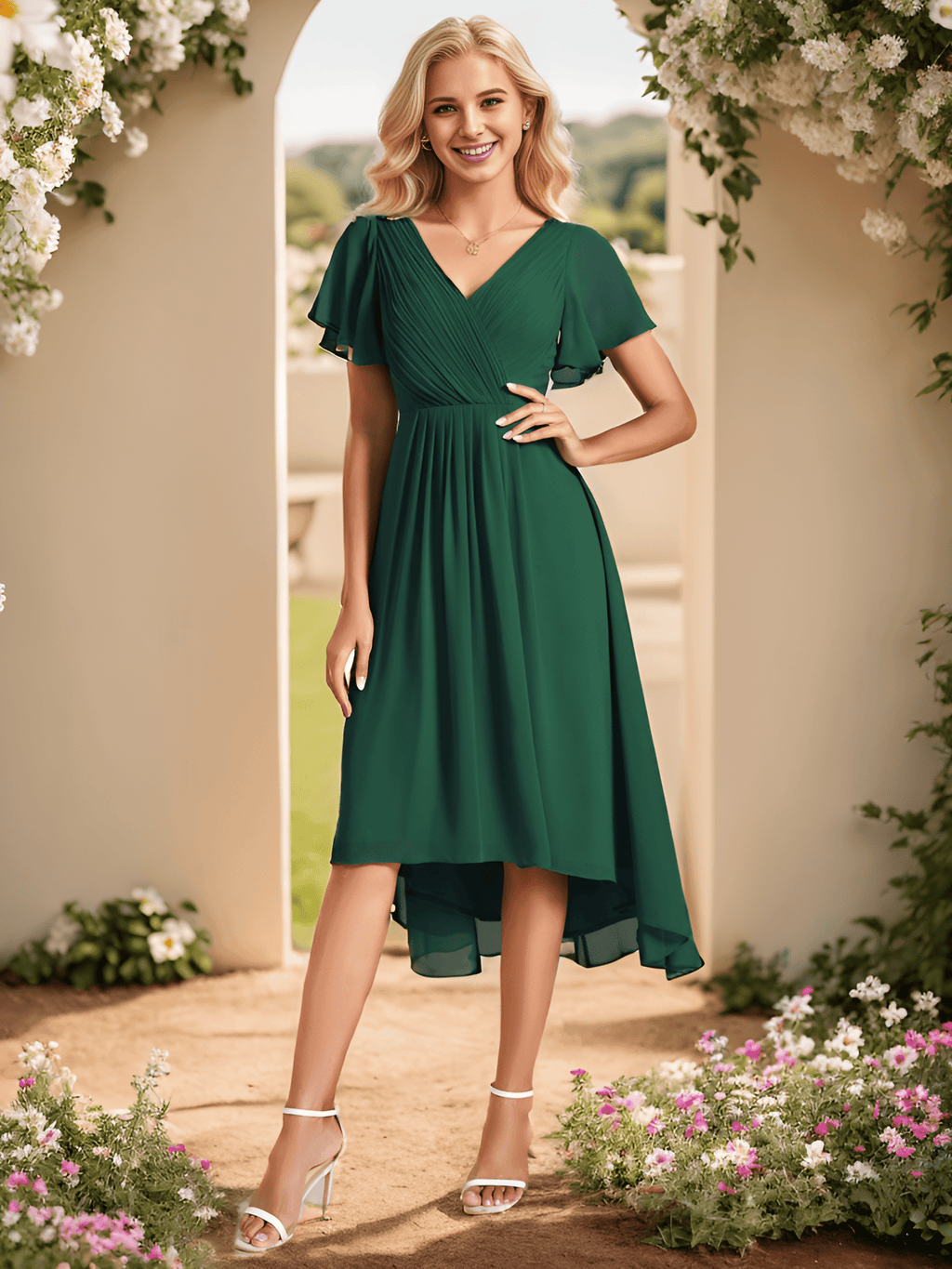 Funkelndes Abendkleid in A-Linie mit Empire-Taille und langen ?rmeln #farbe_Dunkel Gruen