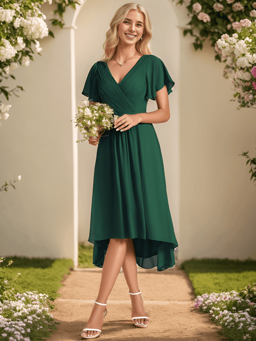 Funkelndes Abendkleid in A-Linie mit Empire-Taille und langen ?rmeln #farbe_Dunkel Gruen