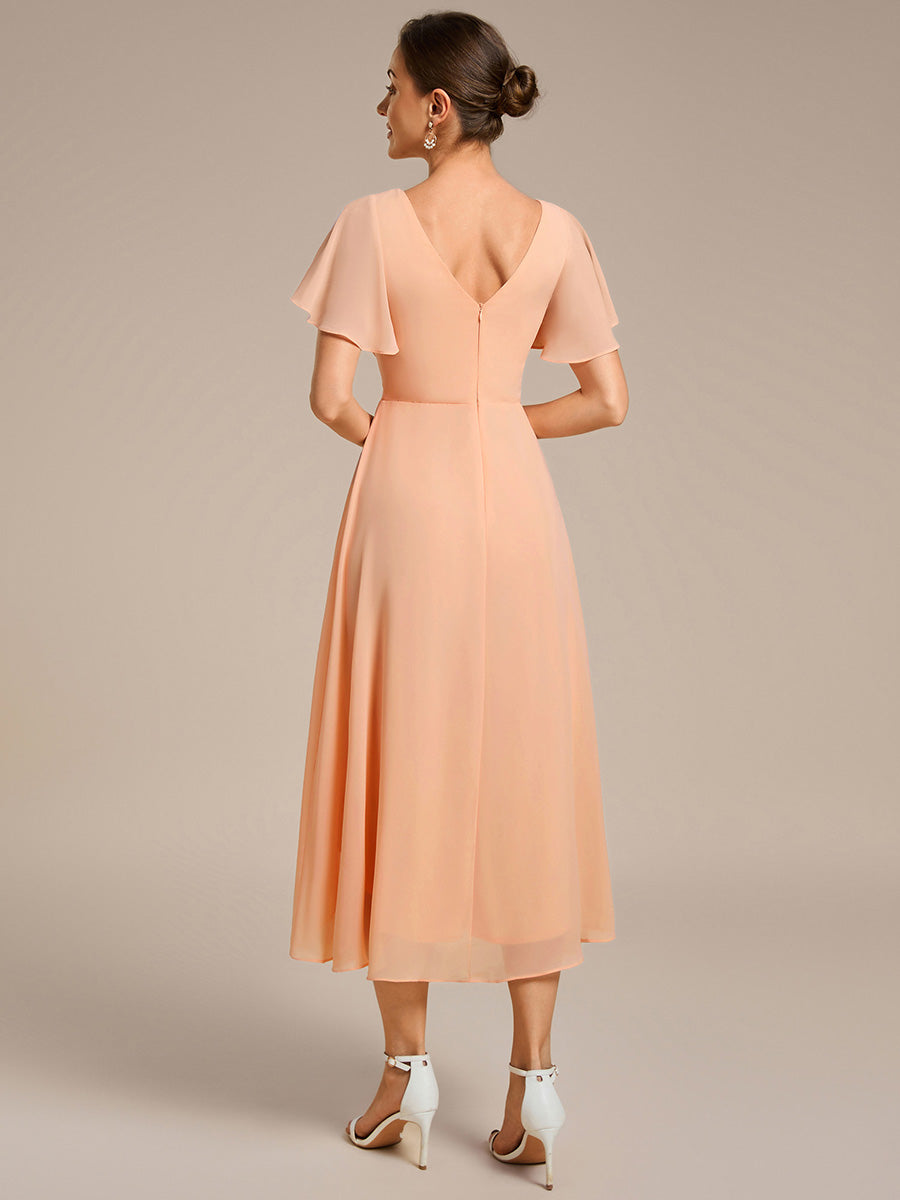 Funkelndes Abendkleid in A-Linie mit Empire-Taille und langen ?rmeln #farbe_Pfirsich