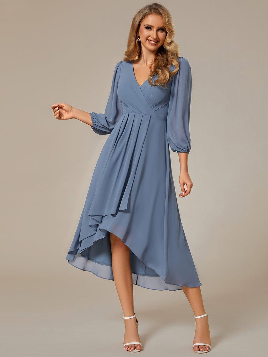 Robe d'invit¨¦ de mariage trap¨¨ze en mousseline fluide ¨¤ encolure ronde et longueur au genou #farbe_Dusty Navy