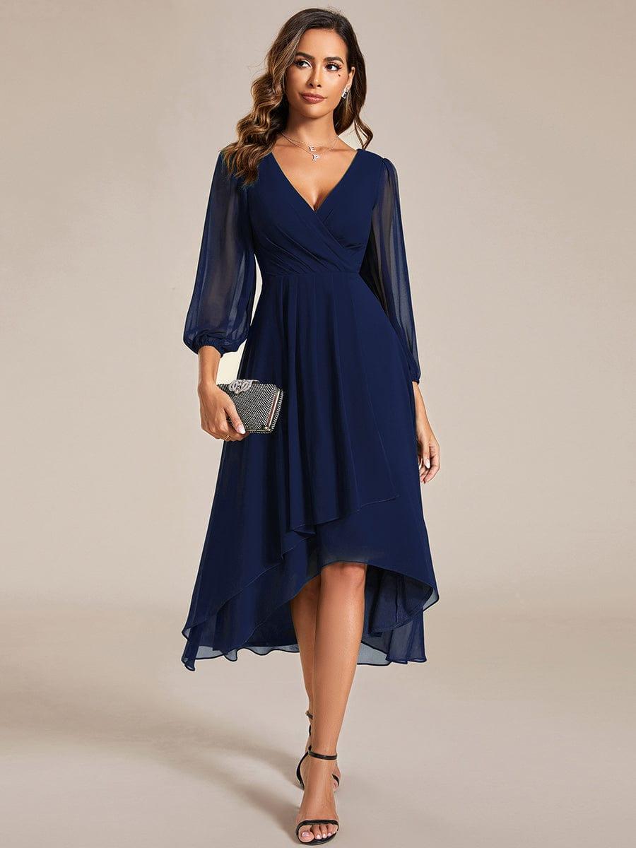 Robe d'invit¨¦ de mariage trap¨¨ze en mousseline fluide ¨¤ encolure ronde et longueur au genou #farbe_Navy Blau