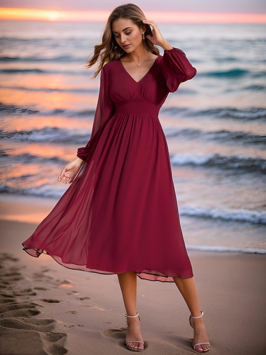 Funkelndes Abendkleid in A-Linie mit Empire-Taille und langen ?rmeln #farbe_Burgundy